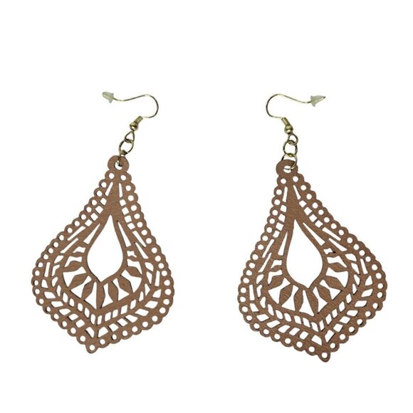 Cacao Cutout Teardrop Leather Earrings – Aha Crafted Boho Filigree Teardrop Brown Leather Cutout Earrings Womens Costume Jewelry